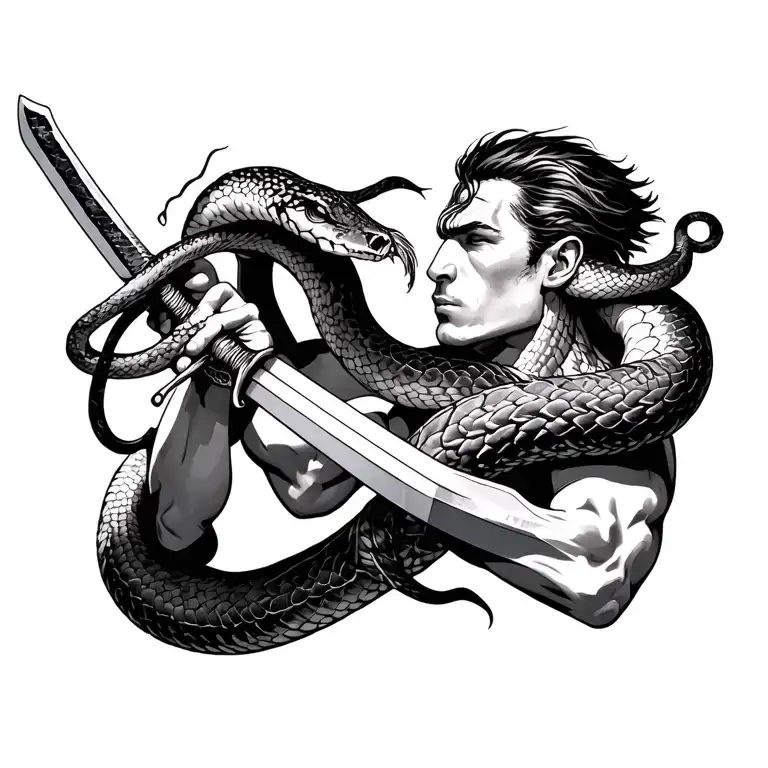 Man With Sword Fighting A Snake Wrapped Around His Arm And Neck