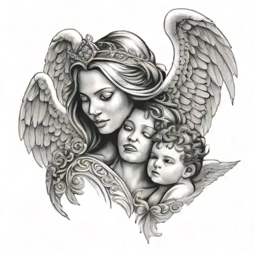 Mother And Son With An Angel With Wings