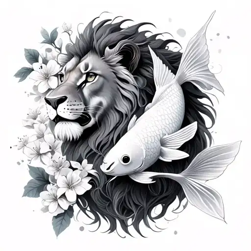 Lion And Koi Fish Whit Sakura Flowers