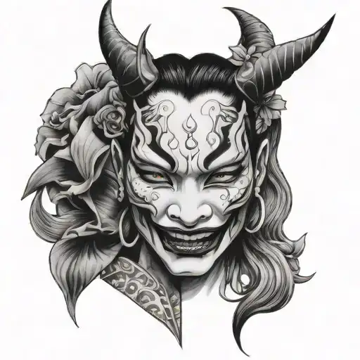 Hannya Mask Split In Half Revealing A Beautiful Woman's Face