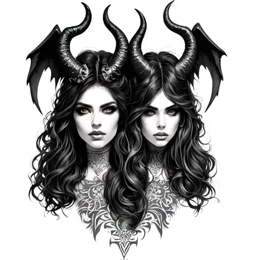 Gemini Twin Latina Women With Devil Horns And Wings
