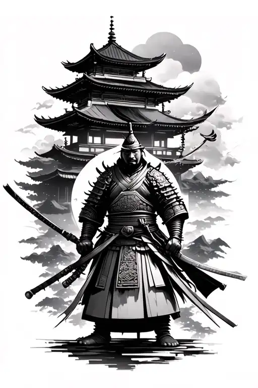 Japanese Temple And Samurai Warrior