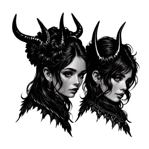 Gemini Twin Latina Women With Devil Horns And Angel Wings On Both
