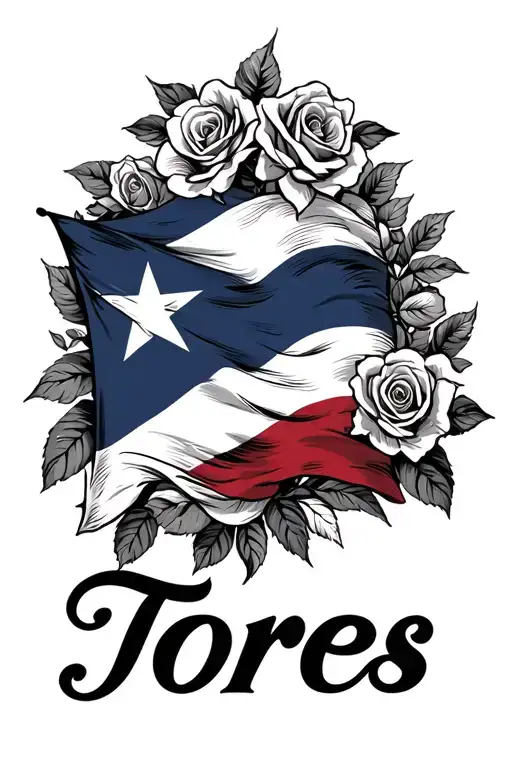 The Name Torres In Cursive With The Puerto Rican Flag Behind It And Roses In The Background