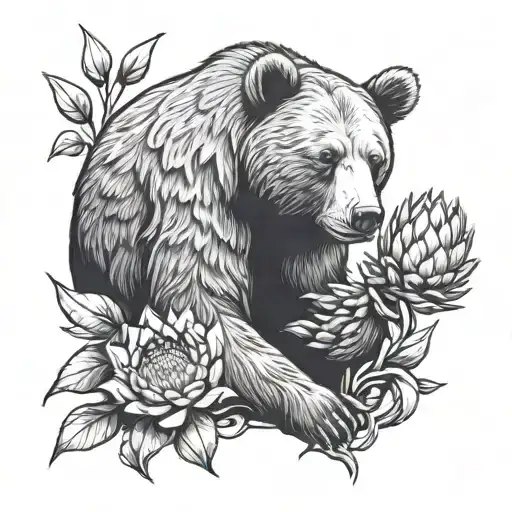 Bear Holding A Protea Flower Inside