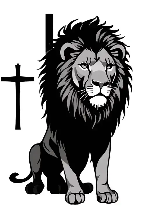 Lion Next To A Simple Cross