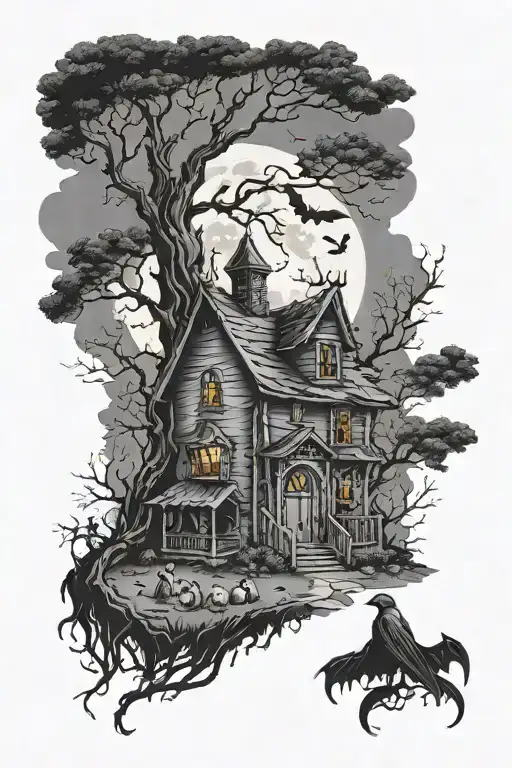 Haunted House Moon Bats Graveyard Tree Grim Reaper