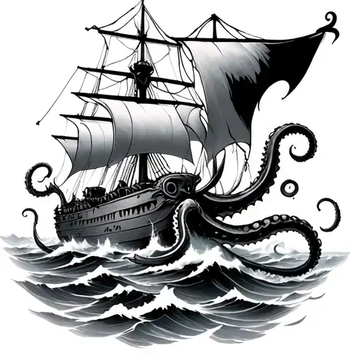 Kraken Ship Sailing Through Stormy