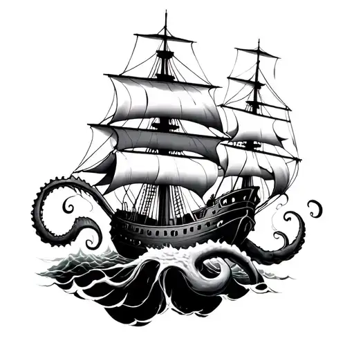Kraken Attacking Ship Sailing Through Stormy