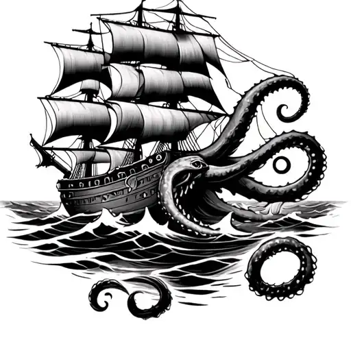 Kraken Attacking Ship Sailing Through Stormy Waters