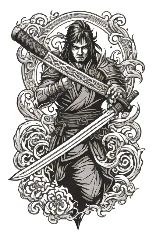 Katana And Flame On Forearm