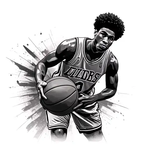 Black Basketball Player With Loose Curl Fro Standing While Holding The Ball In Front With One Hand