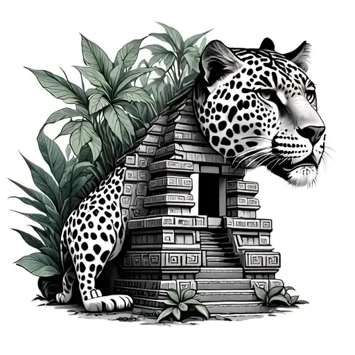 Leopard Mayan Temple Surrounded With Plants Intertwined