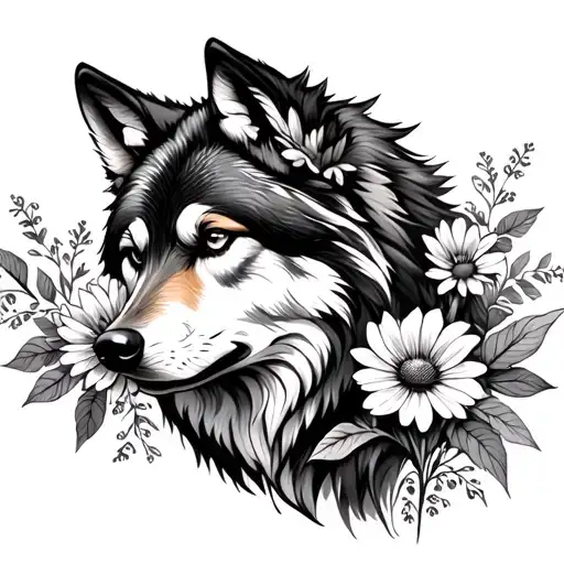 Feminine Wolf With Wildflowers