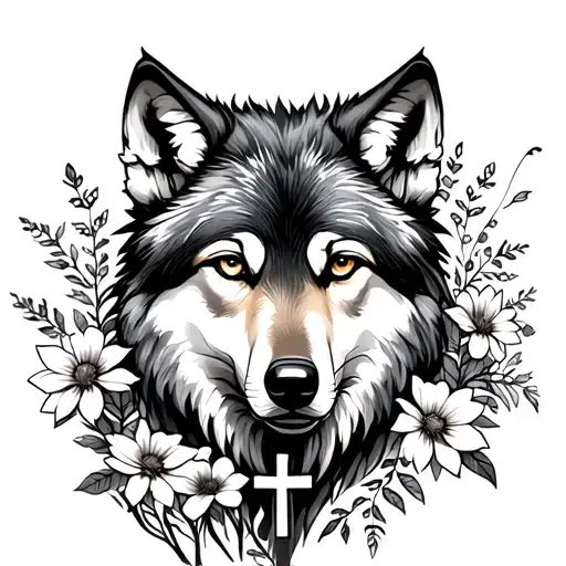 Feminine Wolf With Wildflowers And Cross