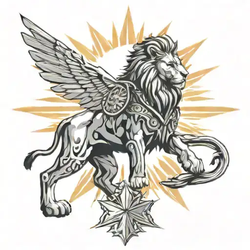 Roman Soldier With Maltese Cross Standing Next To A Lion With Sunrays In The Background