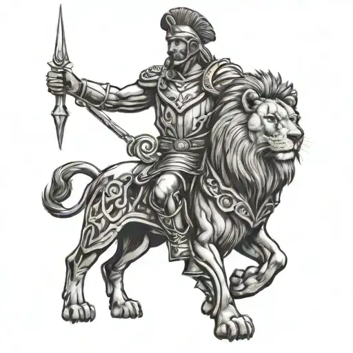 Roman Soldier Standing Next To A Lion With Sunrays In The Background