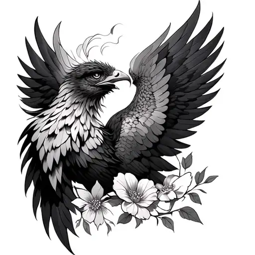 Phoenix With Open Wings Agressive Face And Flowers