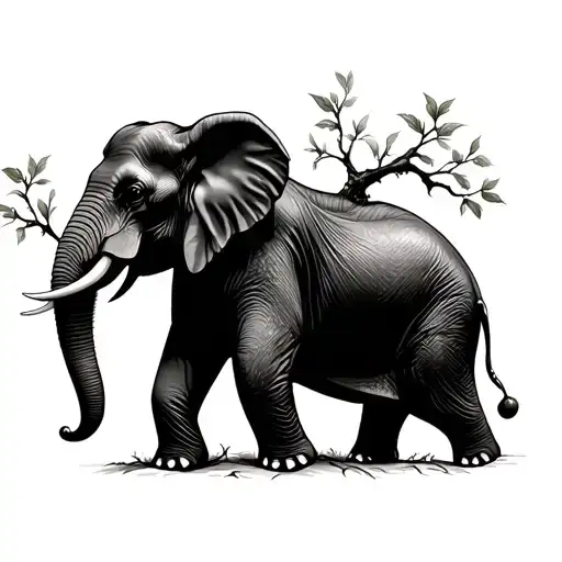 A Front Elephant In A Tree With Cherry Branches Extending From The Roots Downwards