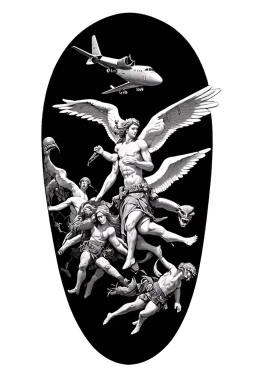 St Michael And St Barbara Fighting Demons With Paratroopers Jumping Out Of C-130's