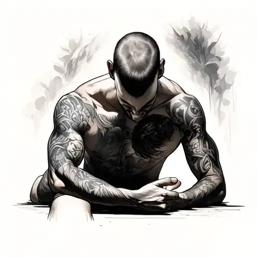 Man Facing Away From The Camera Reaching His Hand Down Towards His Son