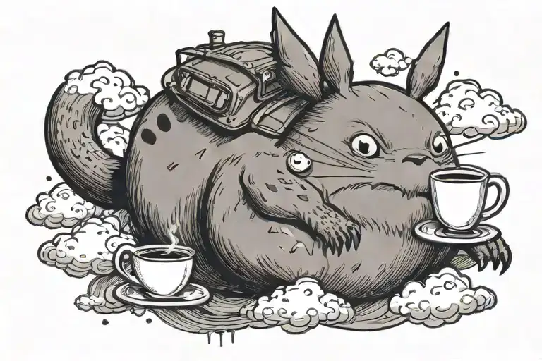 Totoro Lying On A Cloud In The Sky With A Cup Of Hot Coffee On His Belly