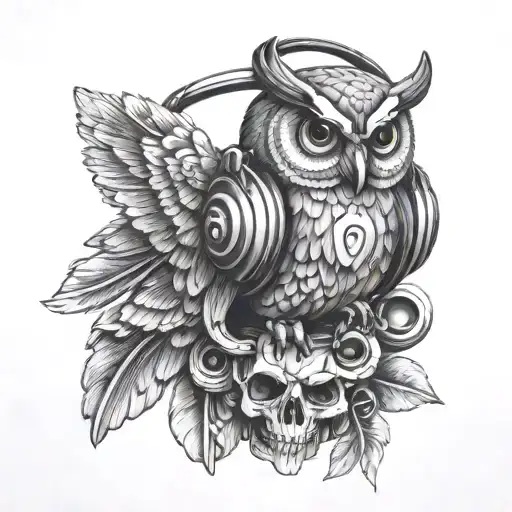 Real 3D Owl Perched On Skull Wearing Headphones