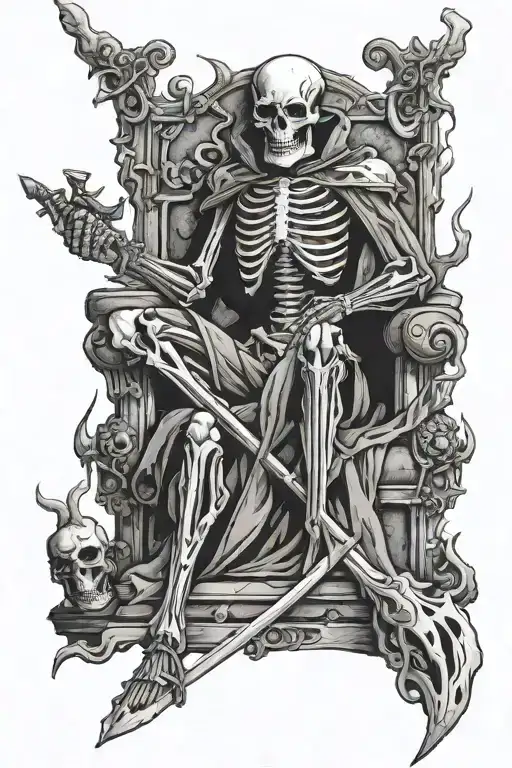 Demonic Skeleton Sitting On Throne Holding A Sword With Lightning Behind It