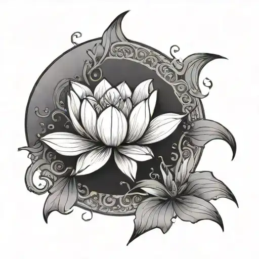 A Cresent Moon Slight Tilted To The Left With Lotus Petals