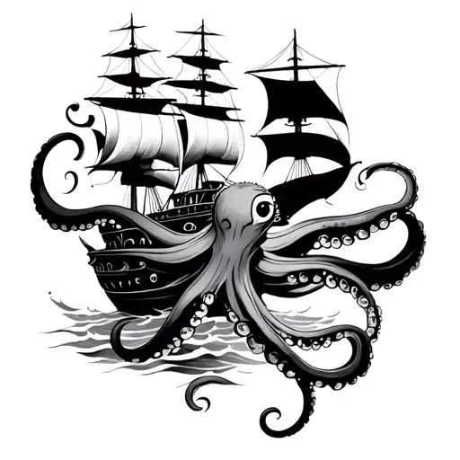 Octopus And Ship Sailing Through Stormy
