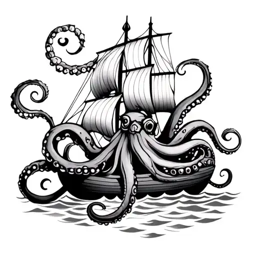Octopus With Viking Longship Sailing