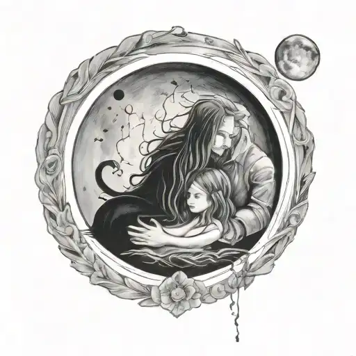 A Black-grey Tattoo Of A Father And Daughter Sharing A Tender Moment Under A Full Moon