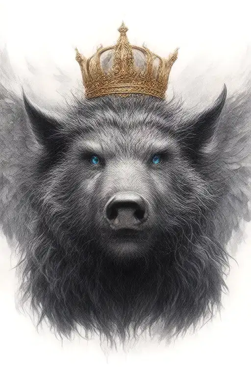 Angry Boar With Wings Wearing A Crown With Blue Eyes