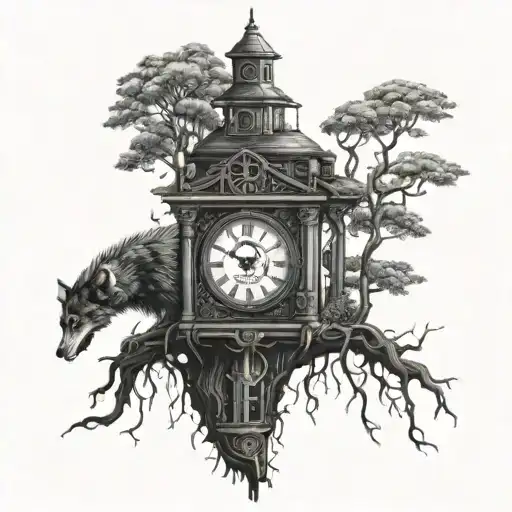 Poison Tree With Roman Numeral Clock Tower With A Lone Wolf