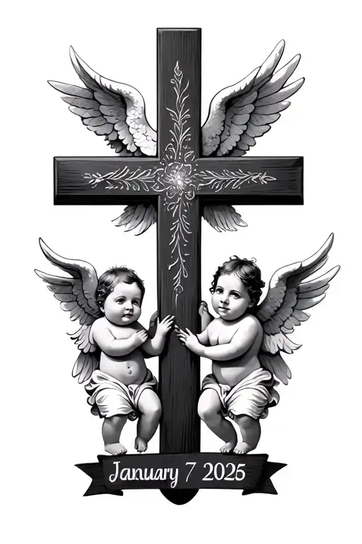 Cross With Two Baby Angels And The Date January 7 2025