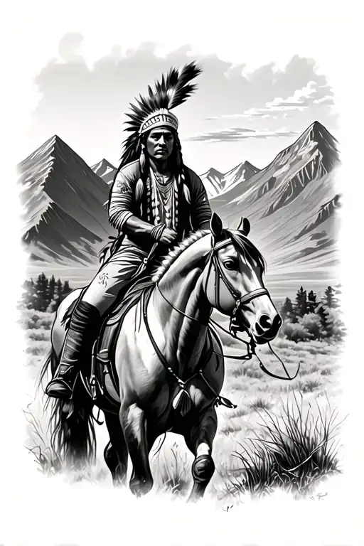 Native American On Horse Looking Towards Mountain