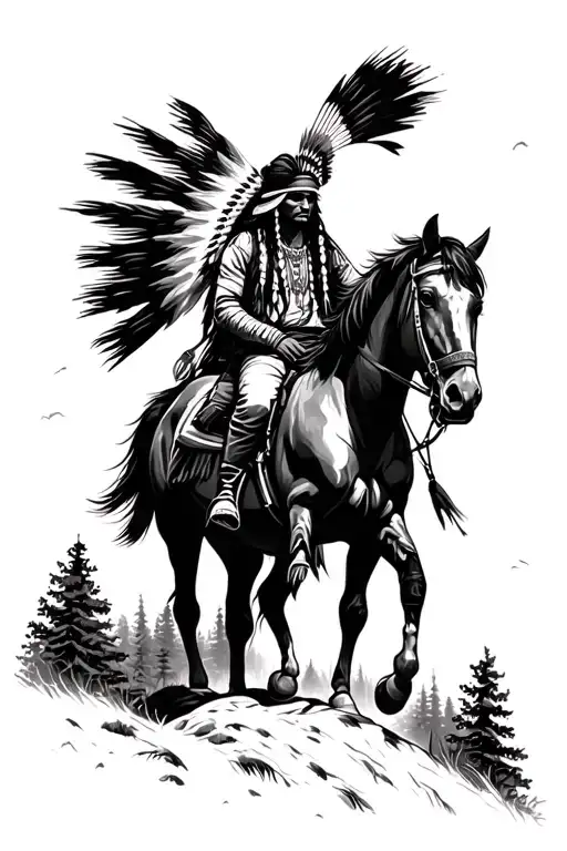 Native American On Horse Looking Down A Ridge Mountains