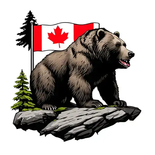 Large Boulder With The Candian Flag In It And Grizzly Bear With Paws Upright On The Boulder