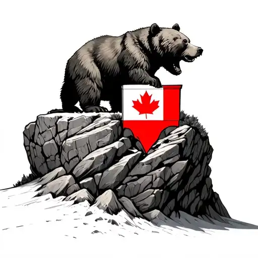 Large Boulder With The Candian Flag In It And Grizzly Bear Upright On The Boulder