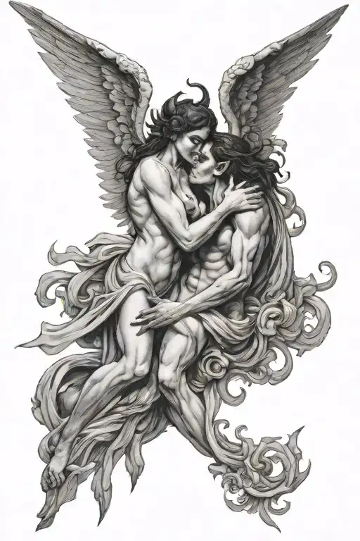 A Demon And Angel Holding Themselves And Kiss