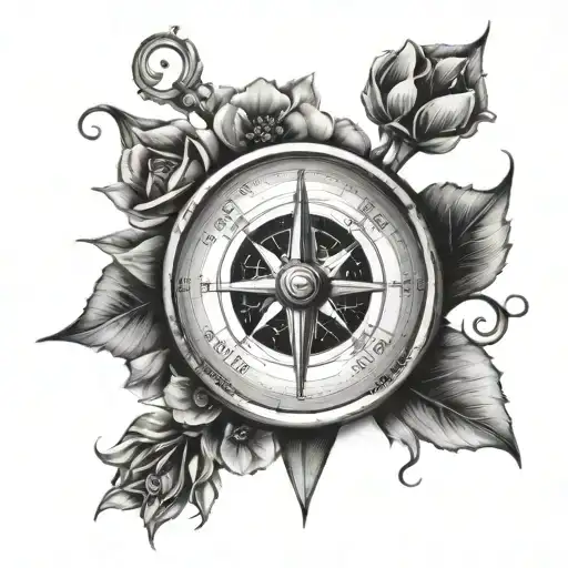 A Realistic Compass Tattoo With Vibrant Latex Flowers Wrapping Around It