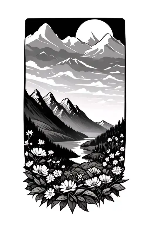 Simple Outline Mountain Scape With Flowers In The Valley