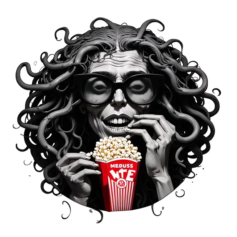 Medusa In 3D Movie Glasses Eating Popcorn