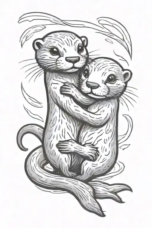 Two Otter Holding Hands Cartoon