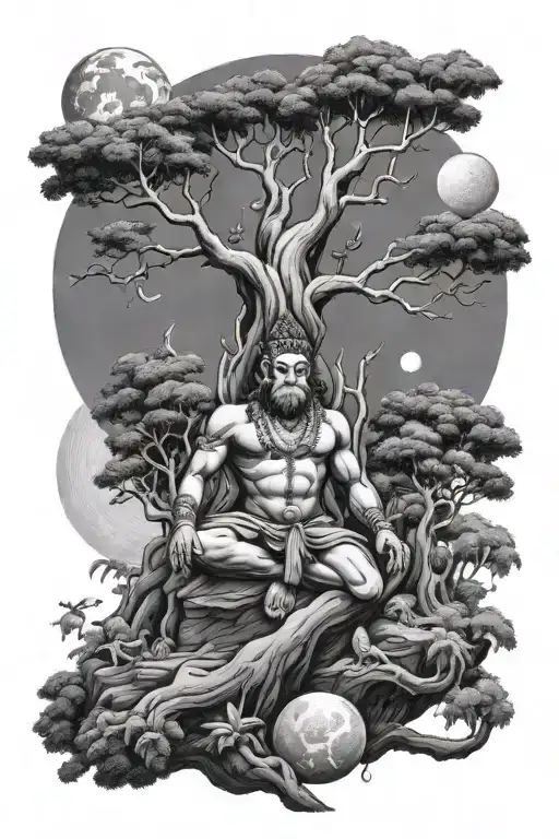 Big Peepal Tree Bottom Of The Route Meditating Hanuman Rising Moon Big Saturn Planet Lion
