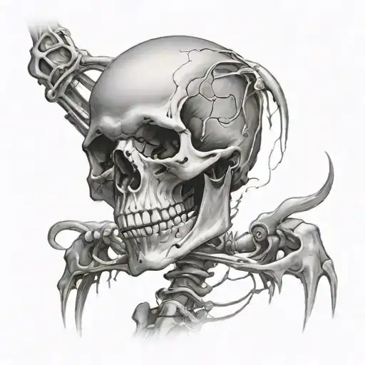 A Tatoo Of A Skeleton Arm Down The Center Of The Back