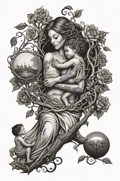Woman And Justice And Child And Family Tree Intertwined