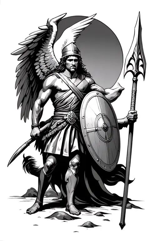 Greek Soldier With Spear And Shield With Pegasus Wing On It In Black And Grey Fighting Stance