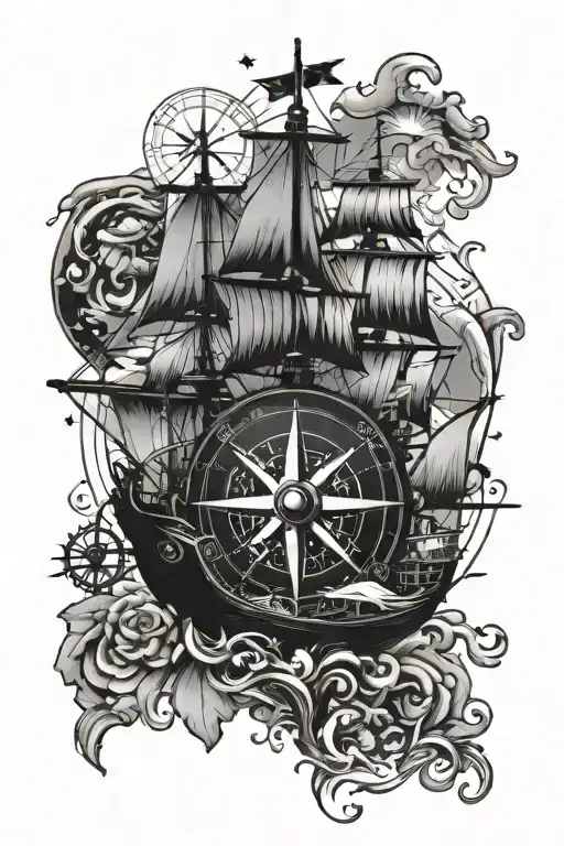 Ship And Compass Surrounded By Various