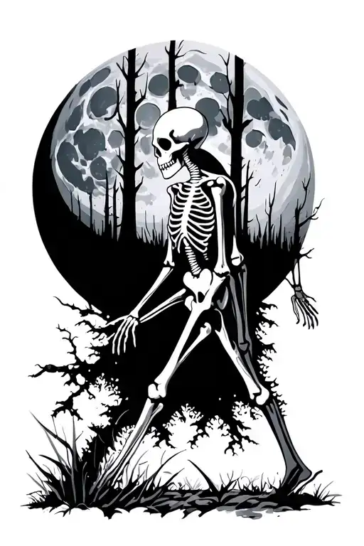 Shadowing Skeletal Figure Walking Through Dark Forest With Large Moon